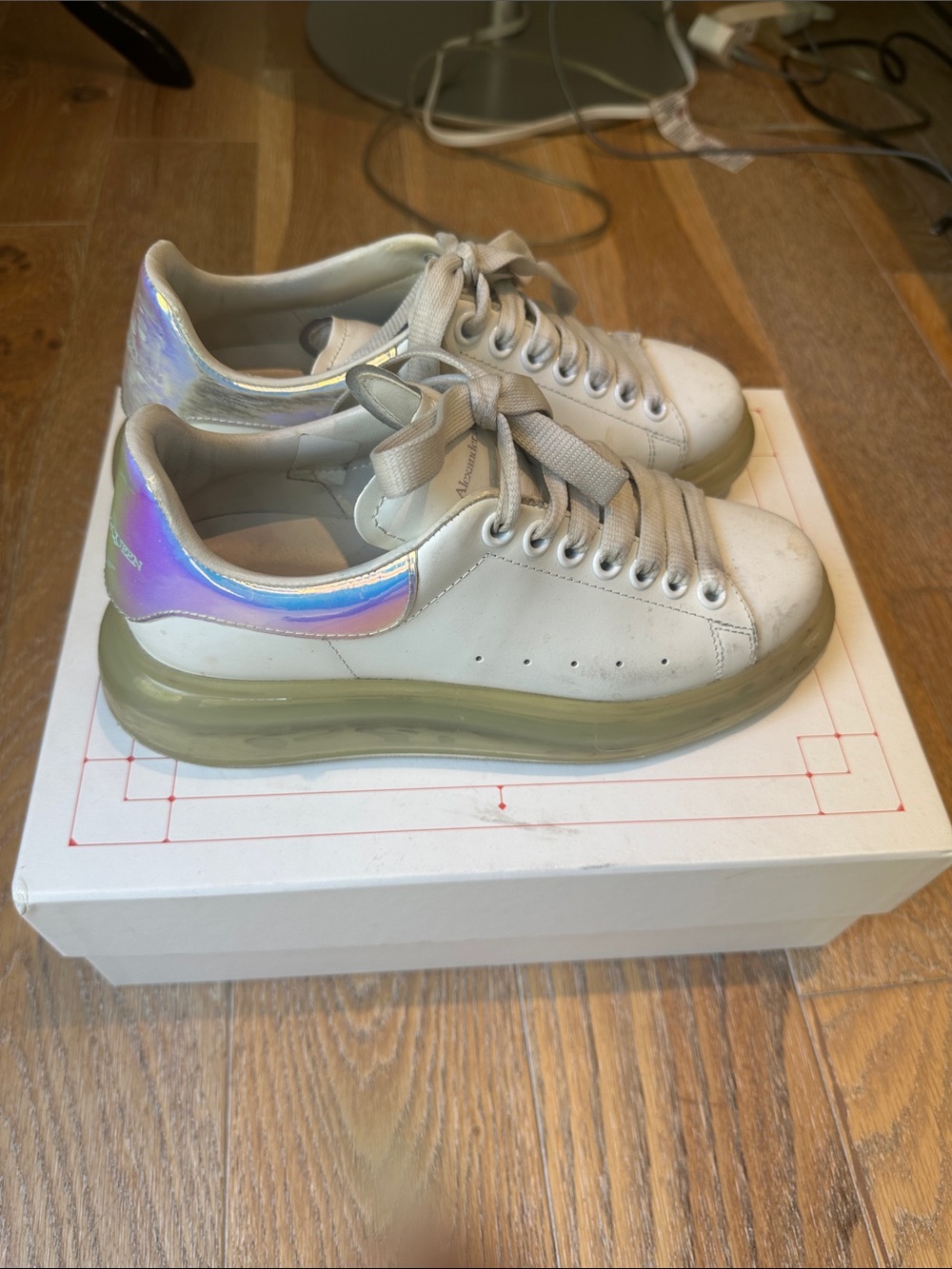 Chunky White Lace-Up Sneakers with Iridescent Heel